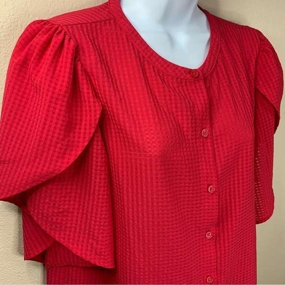 Who What Wear Melon Red Pink Blouse Button Down Ruffle Layered Sleeve Medium - Picture 4 of 8